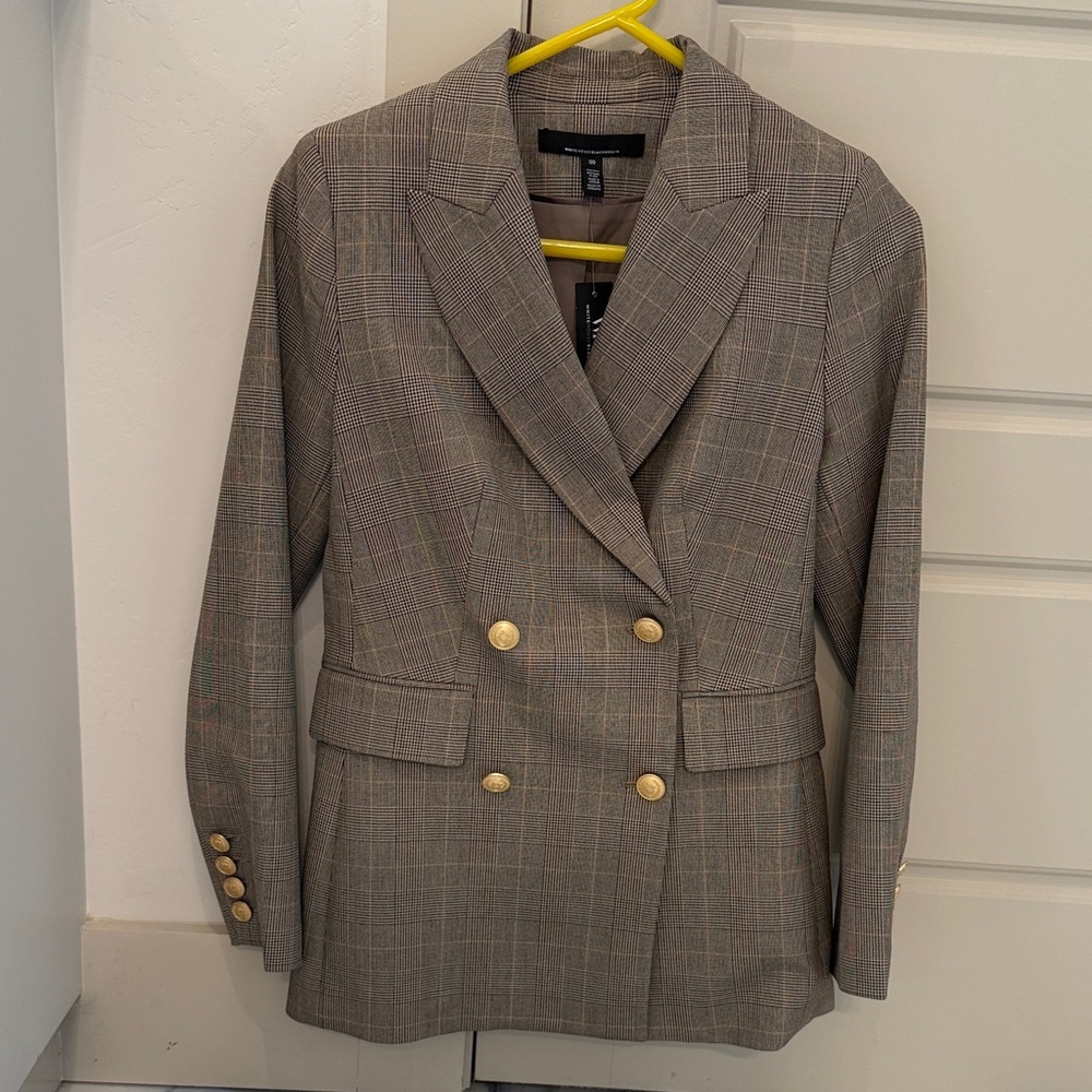 WHBM Double-Breasted Plaid Blazer - taupe plaid